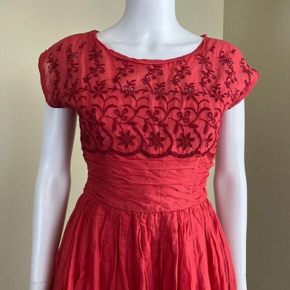 Free People Women's Size 2 Rose Garden Eyelet Embroidered Red Poppy Mini Dress - Picture 6 of 16